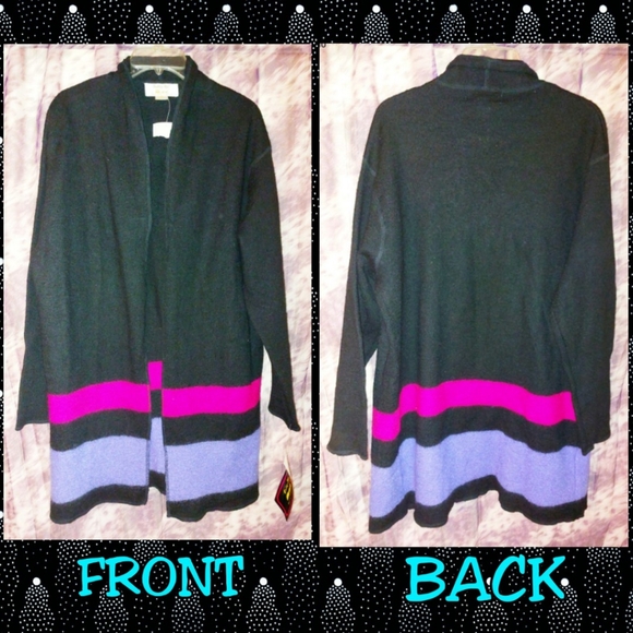 Tally-Ho brand Blk/Magenta/Lavender Striped 100% Wool Long Knit Cardigan Sz Med - Picture 2 of 6
